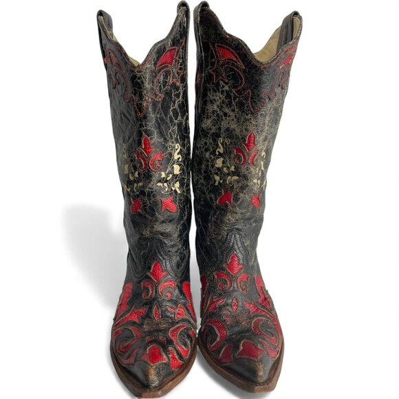 Corral Lizard Leather Western Cowgirl Black Red Boots Women's 9 - Picture 3 of 14